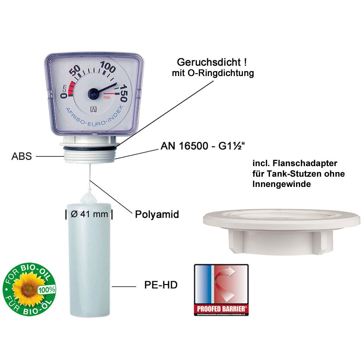 MT-Profil R, mechanischer Inhaltsanzeiger für Kellertanks mit Flanschadapter