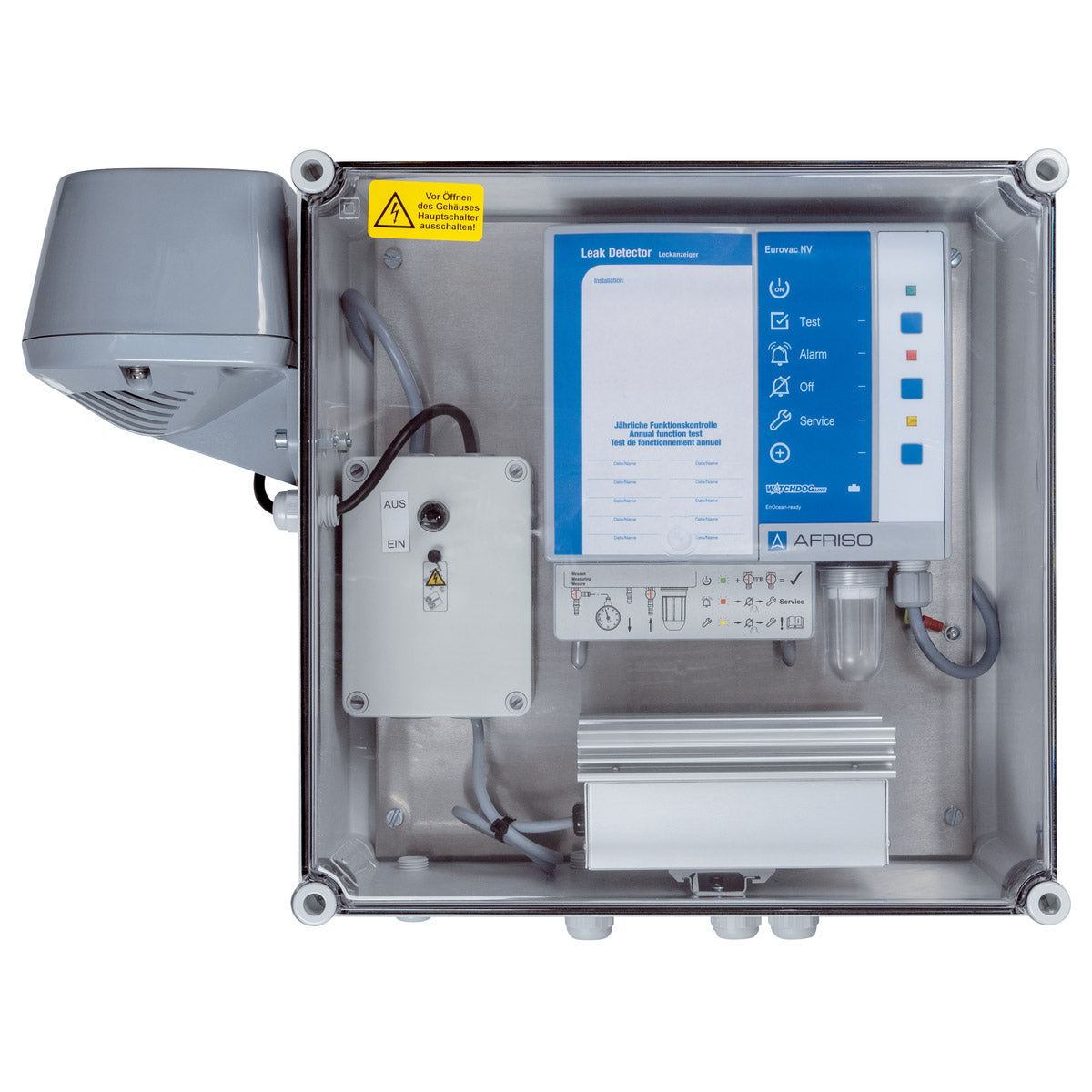 Unterdruck-Leckanzeiger Eurovac NV im Schutzkasten mit Heizung und Außenhupe