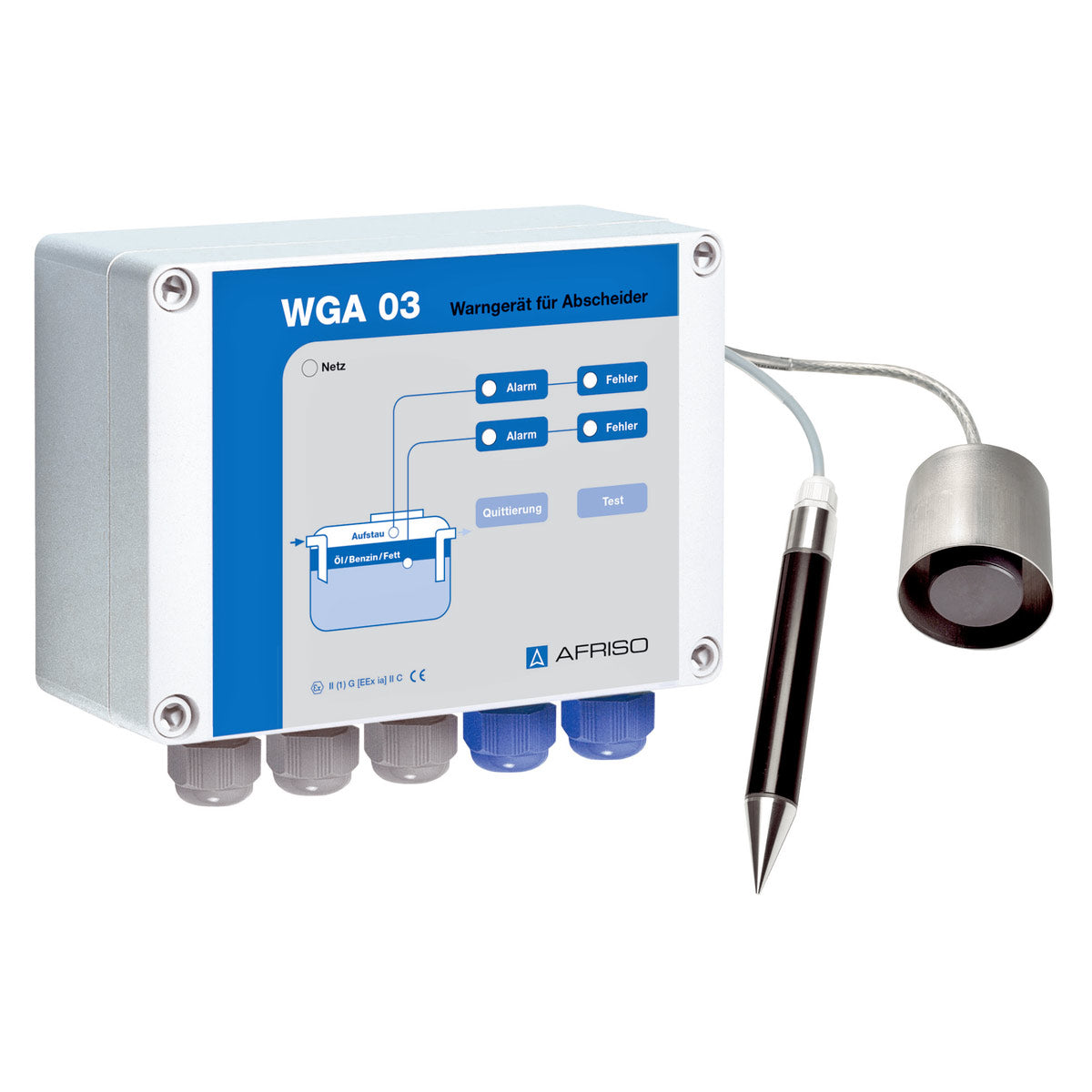Abscheider-Warngerät WGA-03 mit Sonden WGA-SD 03 für Schichtdicke und Sonde WGA-AS für max. Füllstand