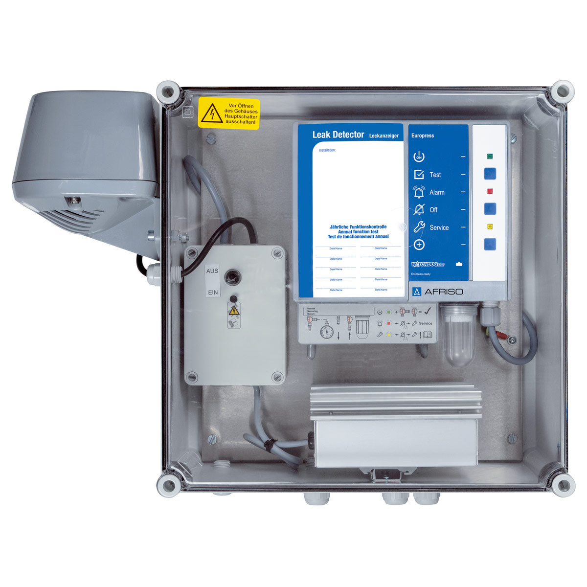AFRISO Überdruck-Leckanzeiger Europress im Schutzkasten mit Außenhupe und Heizung