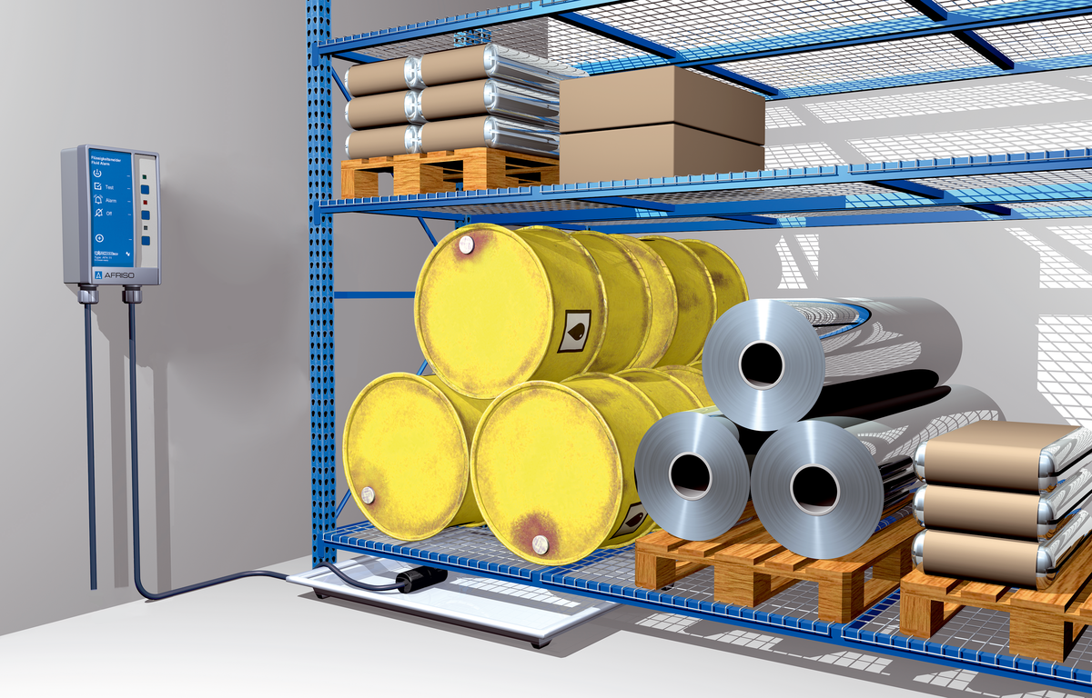 Beispiel Lagerraum für wassergefährdende Flüssigkeiten mit AFA 11 überwacht.