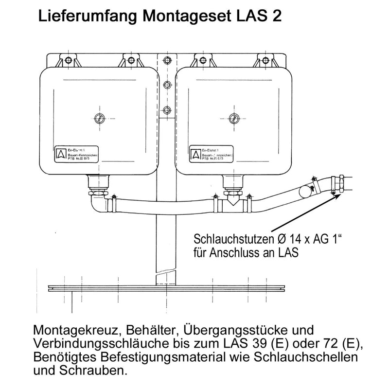 Montageset LAS Lieferumfang - Stahlkreuz, Zusatzbehälter und Verbindungsmaterial zum LAS