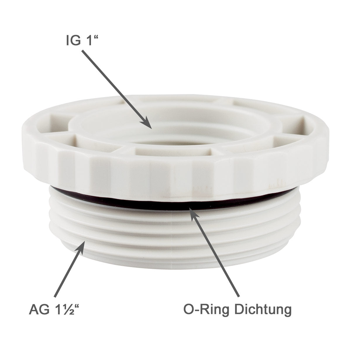 Reduzierstück aus grauem Kunststoff (ABS) AG 1½ Zoll x IG 1 Zoll mit O-Ringdichtung