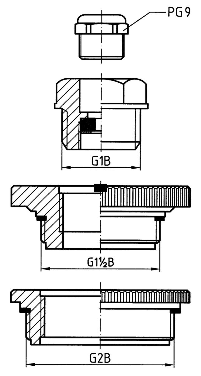 Zeichnnung-Verschraubungsset Kunststoff, G2 x 1½ x 1" für Pegelsonden - Tauchsonden