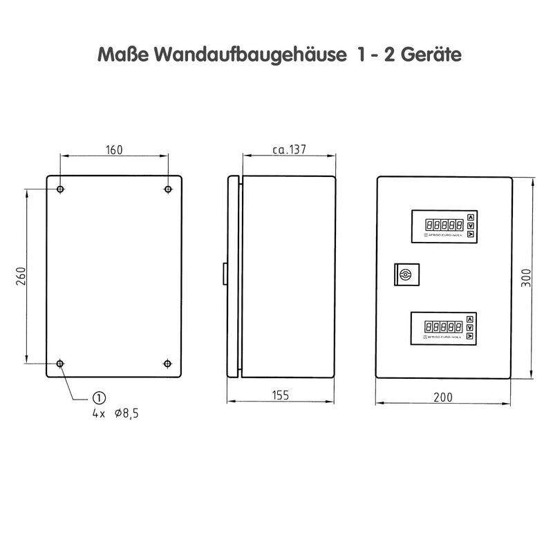 Technische Zeichnung mit Maßen - Wandaufbaugehäuse WAG 01/02
