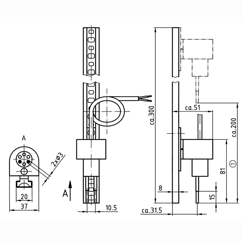 Technische Zeichnung zur Wandschienensonde WSS (Art.-Nr.: 55050) von AFRISO