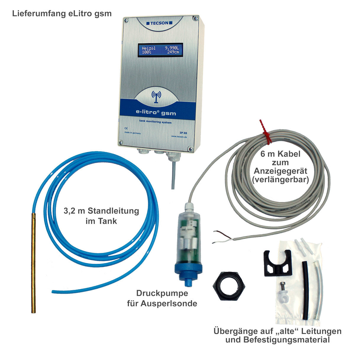 Lieferumfang eLitro gsm, Füllstandsanzeige für Heizöl mit Fernabfrage, von Tecson